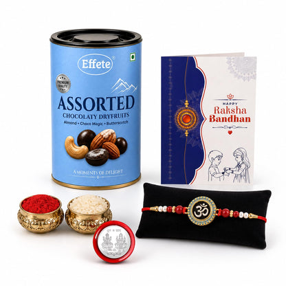 Om Rakhi for Brother with Choco Dryfruits 96gm, Roli Tikka & Card, Pack of 5