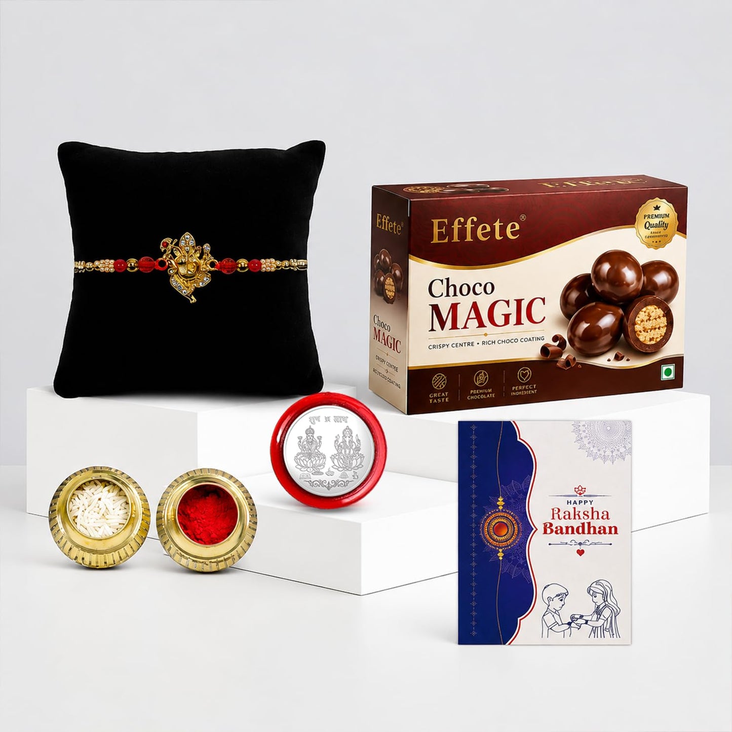 Ganesh Rakhi for Brother with Chocolate Magic 96gm, Roli Tikka & Card, Pack of 5