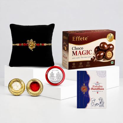 Ganesh Rakhi for Brother with Chocolate Magic 96gm, Roli Tikka & Card, Pack of 5