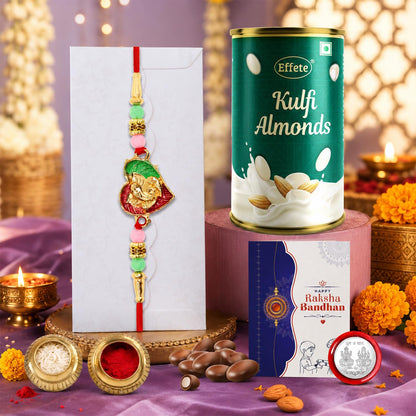 Traditional Style Multicolor Rakhi for Brother with Kulfi Almonds 96gm, Pack of 5