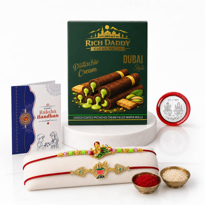Ganesha charm Rakhi for Brother with Pistachio Wafer Rolls, Roli Tikka, Pack of 6
