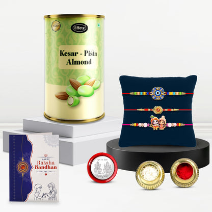 Designer Rakhi for Brother with Kesar-Pista Almond 96gm, Coin & Card, Pack of 3