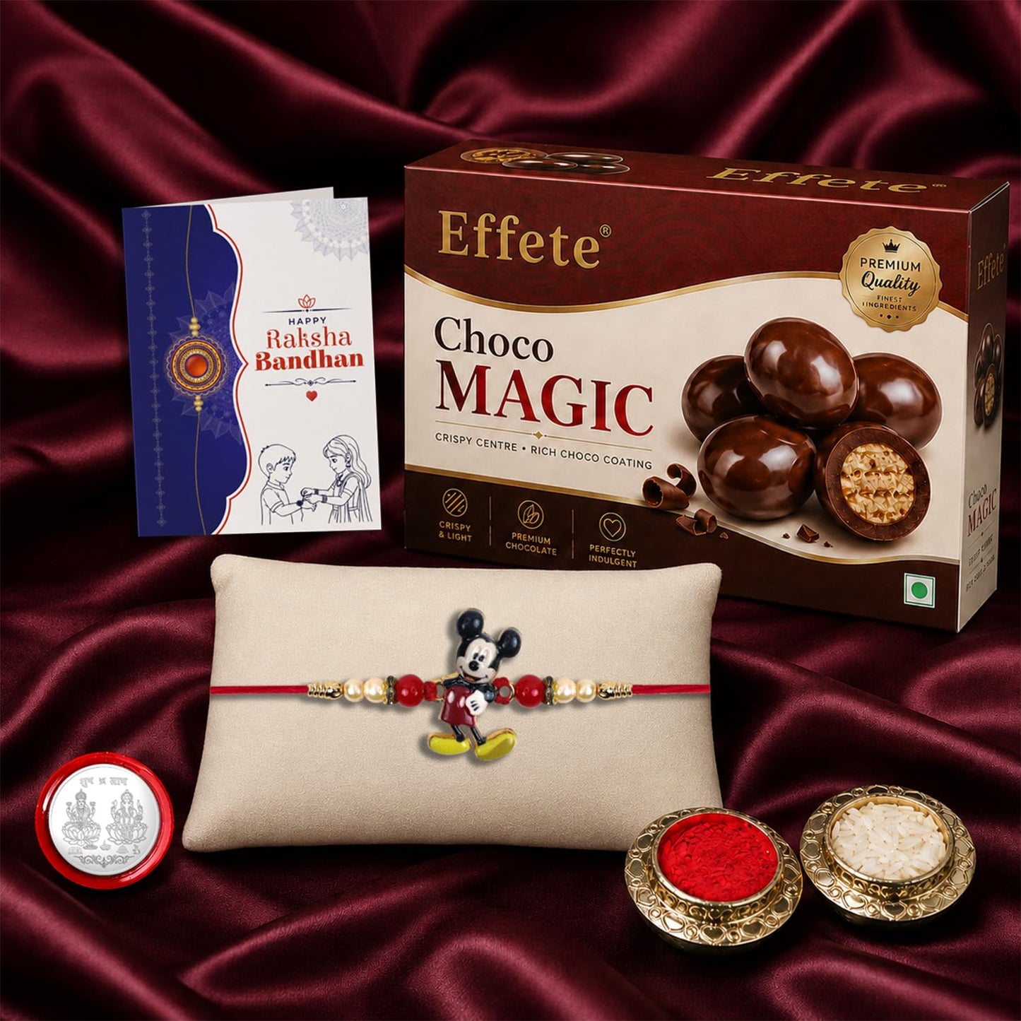 Mickey Rakhi for Brother with Chocolate Magic 32gm, Roli Chawal & Card, Pack of 5