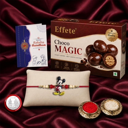 Mickey Rakhi for Brother with Chocolate Magic 32gm, Roli Chawal & Card, Pack of 5