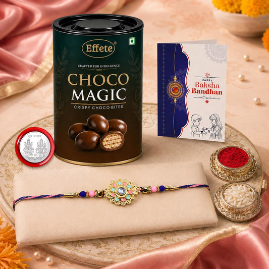 Flower Rakhi for Brother with Chocolate Magic 96gm, Roli Tikka & Card, Pack of 5