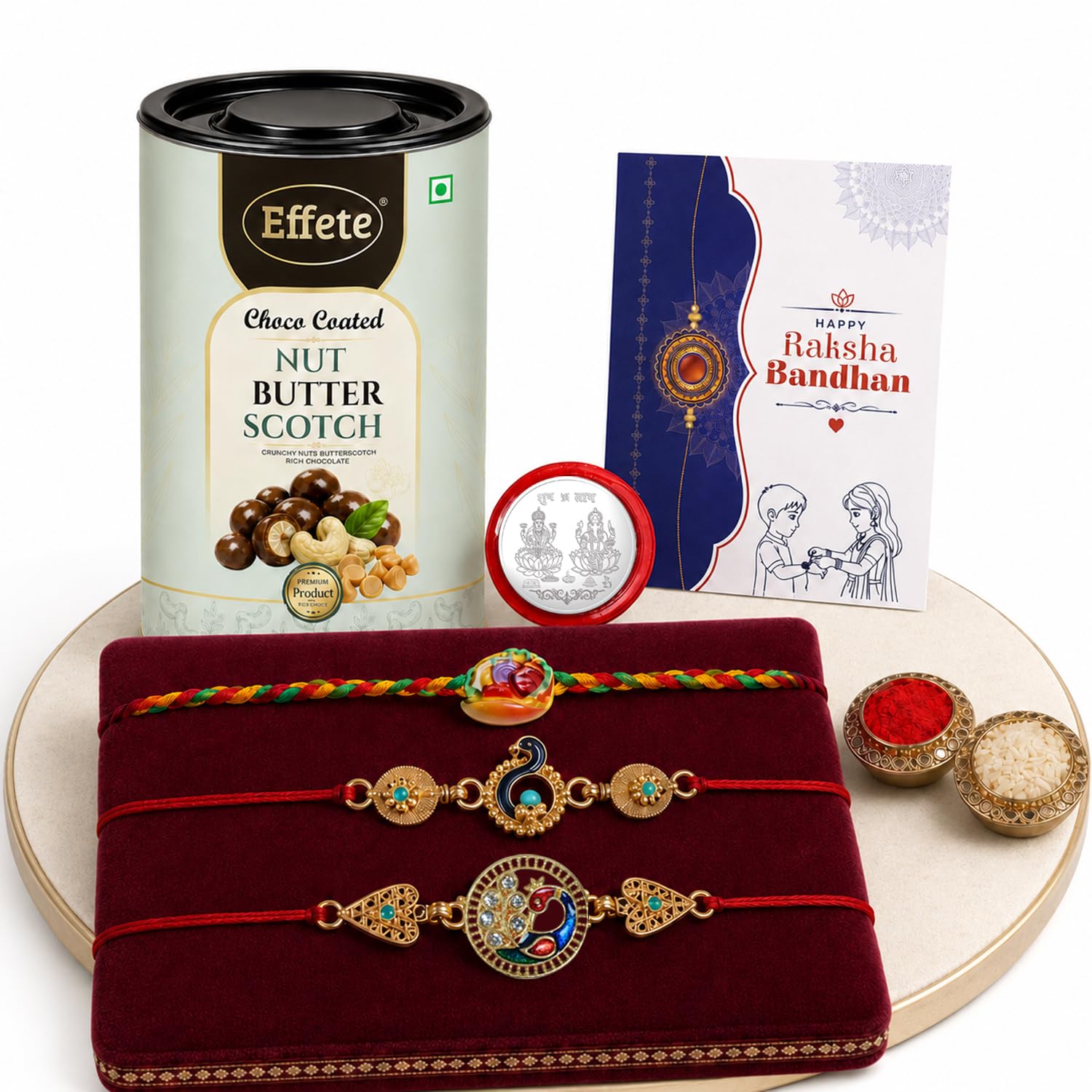 Food Rakhi for Brother with Butter Scotch 96gm, Roli Tikka & Card, Pack of 7