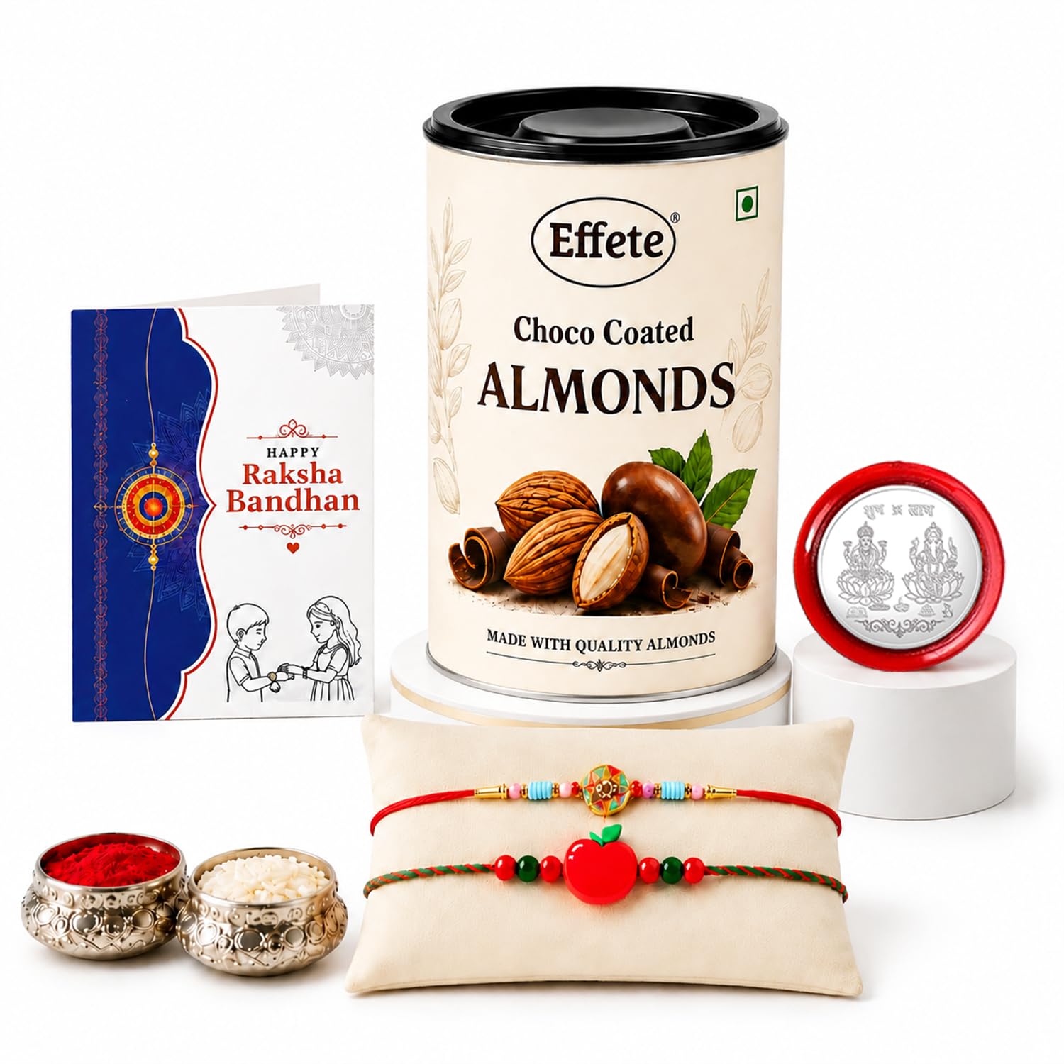 Flower motif Rakhi for Brother with Choco Almonds 96gm, Coin & Card, Pack of 6