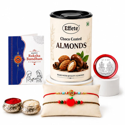 Flower motif Rakhi for Brother with Choco Almonds 96gm, Coin & Card, Pack of 6