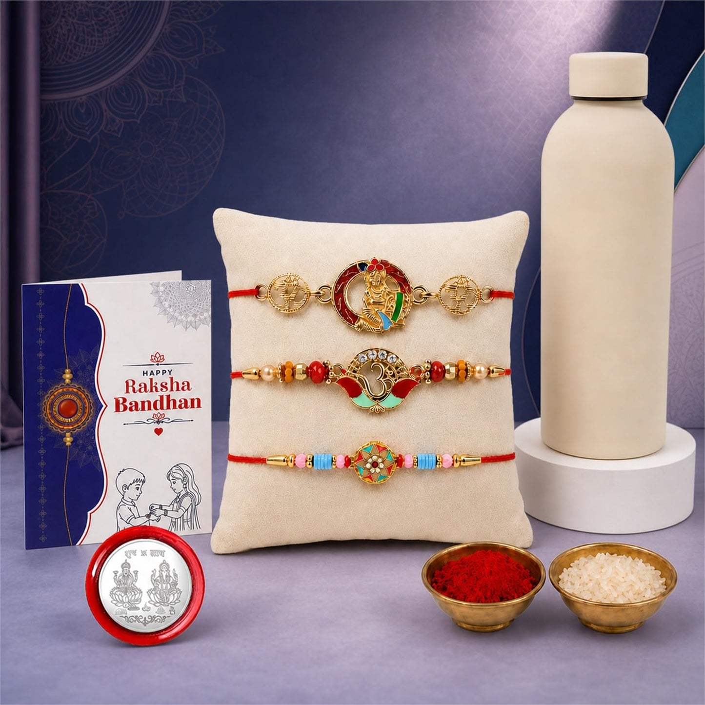 Om, Flower Rakhi Combo - Raksha Bandhan Gift with SS Water Bottle 500ml, Pack of 7