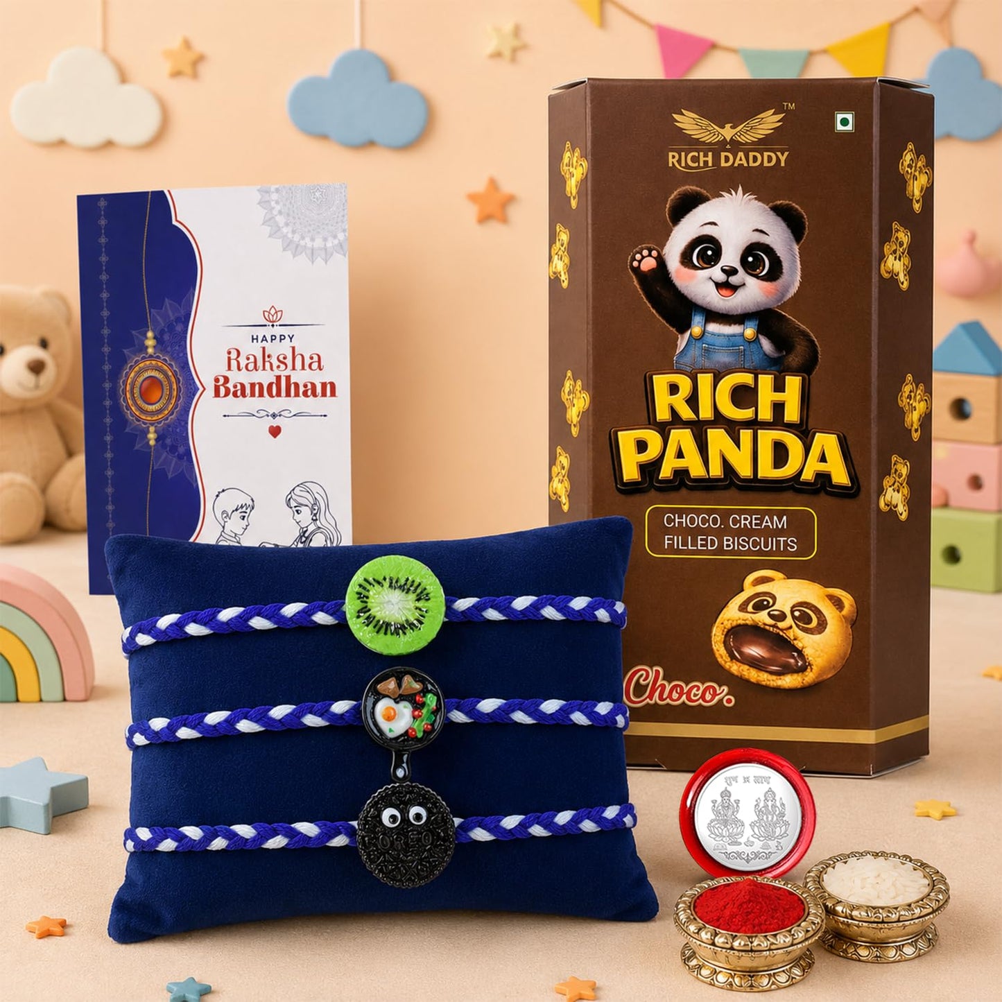 A colourful Kids Rakhi for Brother gift set with a decorative rakhi, biscuits, roli tikka, and greeting card.
