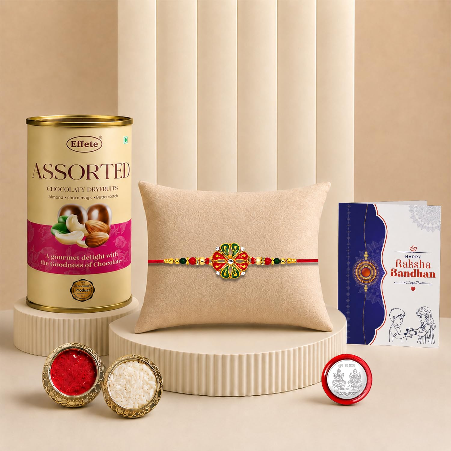 Flower Rakhi for Brother with Emperor Chocolate, Roli Tikka & Card, Pack of 5