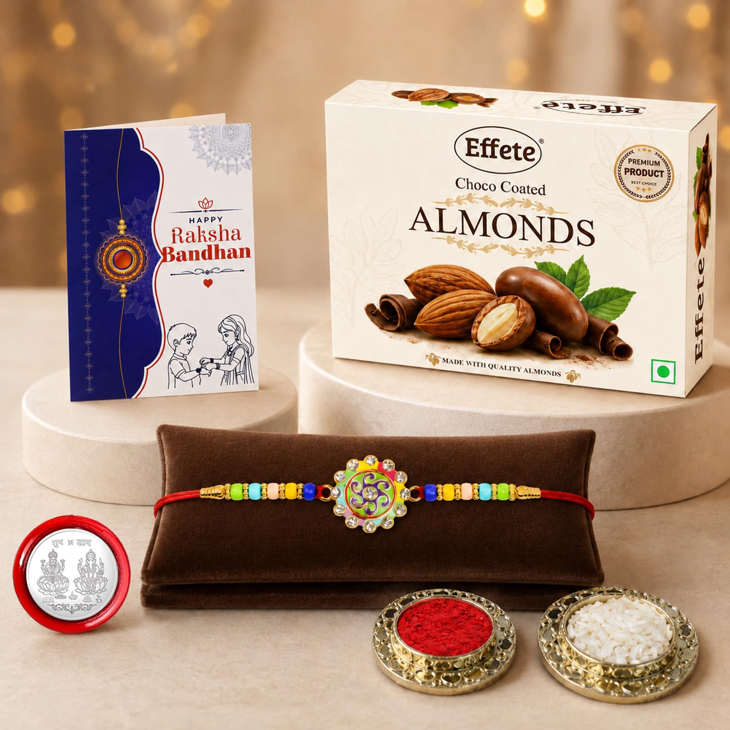 Spiral Rakhi for Brother with Choco Almonds 32gm, Roli Tikka & Card, Pack of 5