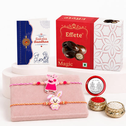Peppa Pig Rakhi for Brother with Choco Magic 32gm, Roli Tikka & Card, Pack of 6
