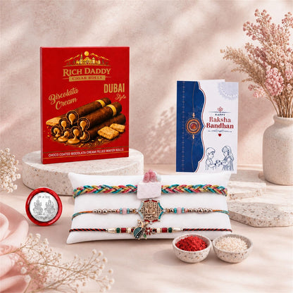Cake Rakhi for Brother with Biscolata Wafer Rolls, Roli Tikka & Card, Pack of 7