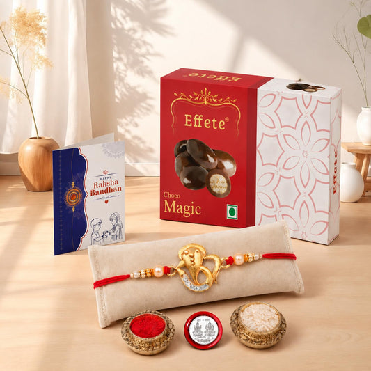 OM Ganesha Rakhi for Brother with Choco Magic 32gm, Roli Tikka & Card, Pack of 5