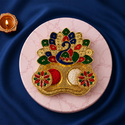 Multicolor Peacock, Evil Eye Bracelet/Rakhi & Peacock Shape Pooja Thali with Silver Color Pooja Coin, Tikka/Tilak Set & Greeting Card, Rakhi Gift Hamper (Pack of 6) For Raksha Bandhan