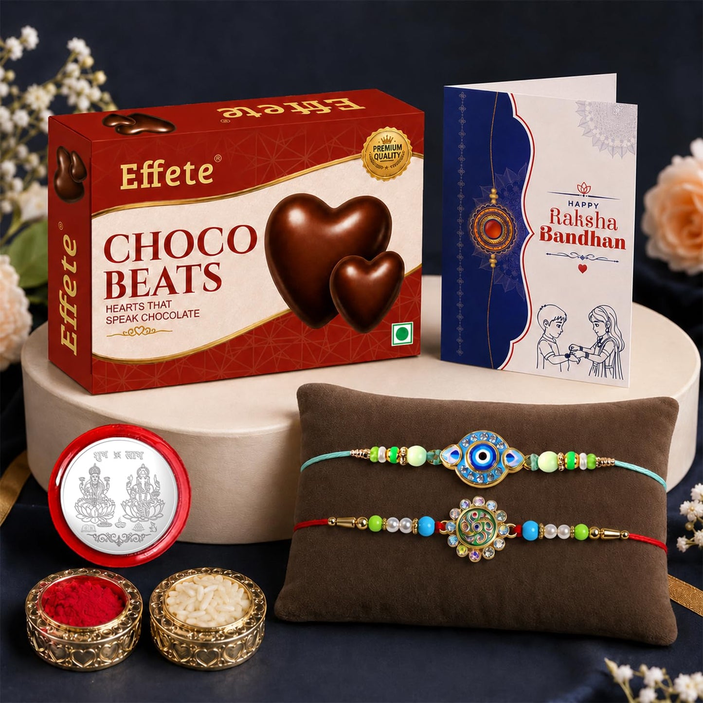 Evil Eye, Round Shape Rakhi Combo - Raksha Bandhan Gift with Choco Beats 32gm, Pack of 6
