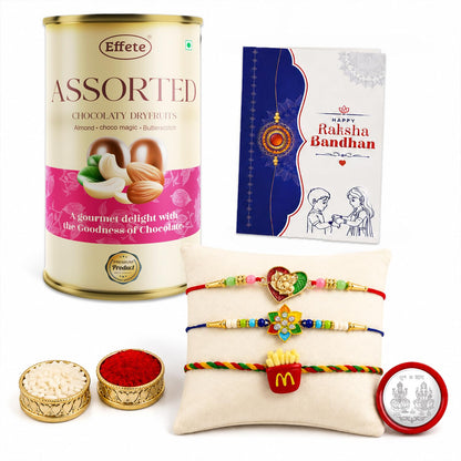 Heart Rakhi for Brother with Emperor Choco, Roli Tikka & Greeting Card, Pack of 7