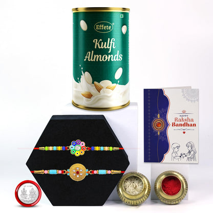 Designer Rakhi for Brother with Kulfi Almonds 96gm, Roli Chawal & Card, Pack of 7