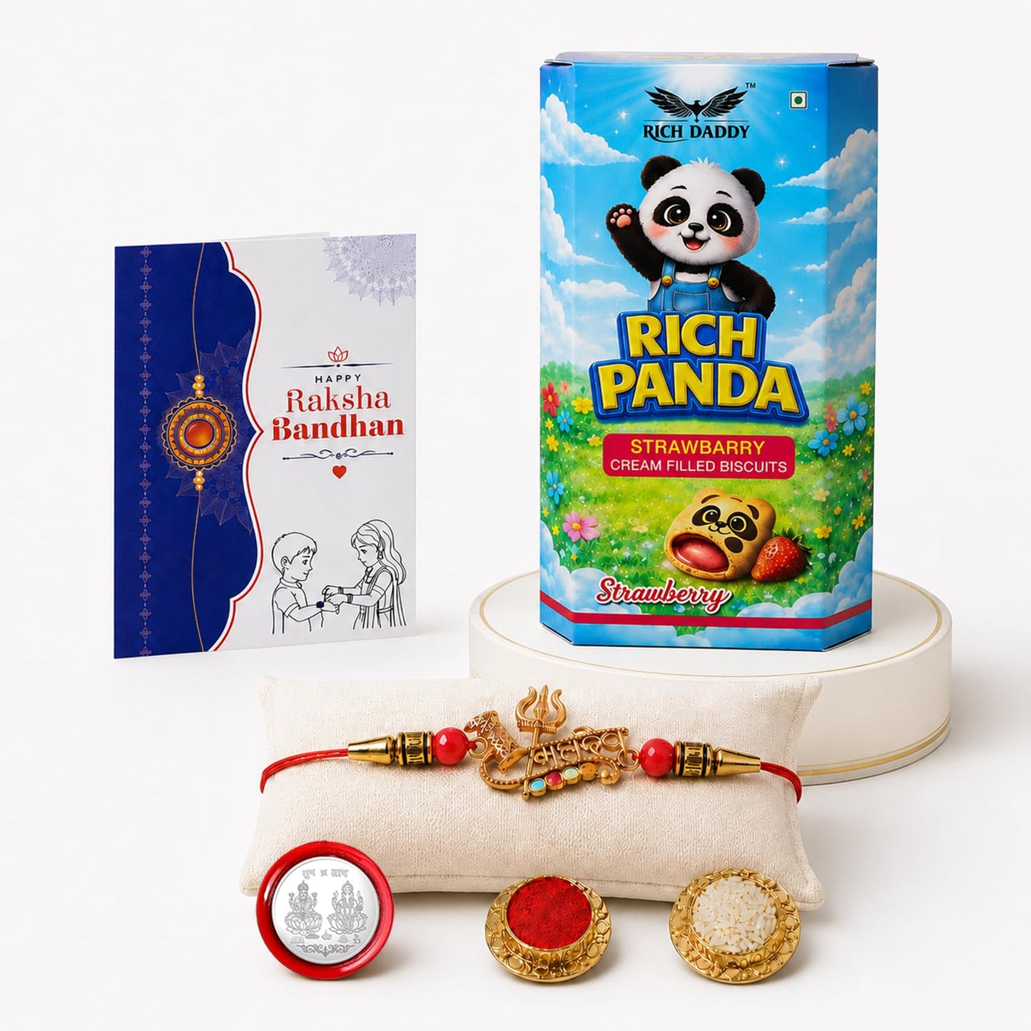 Mahadev Rakhi for Brother with Strawberry Biscuit 60gm, Coin & Card, Pack of 5
