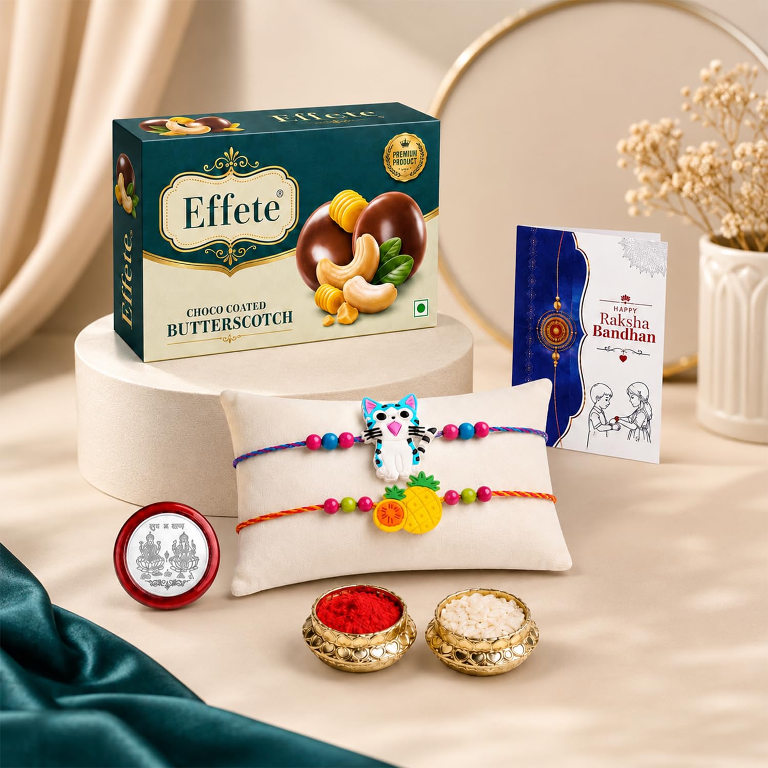 Kids Rakhi for Brother with Butter Scotch 32gm, Roli Tikka & Card, Pack of 6