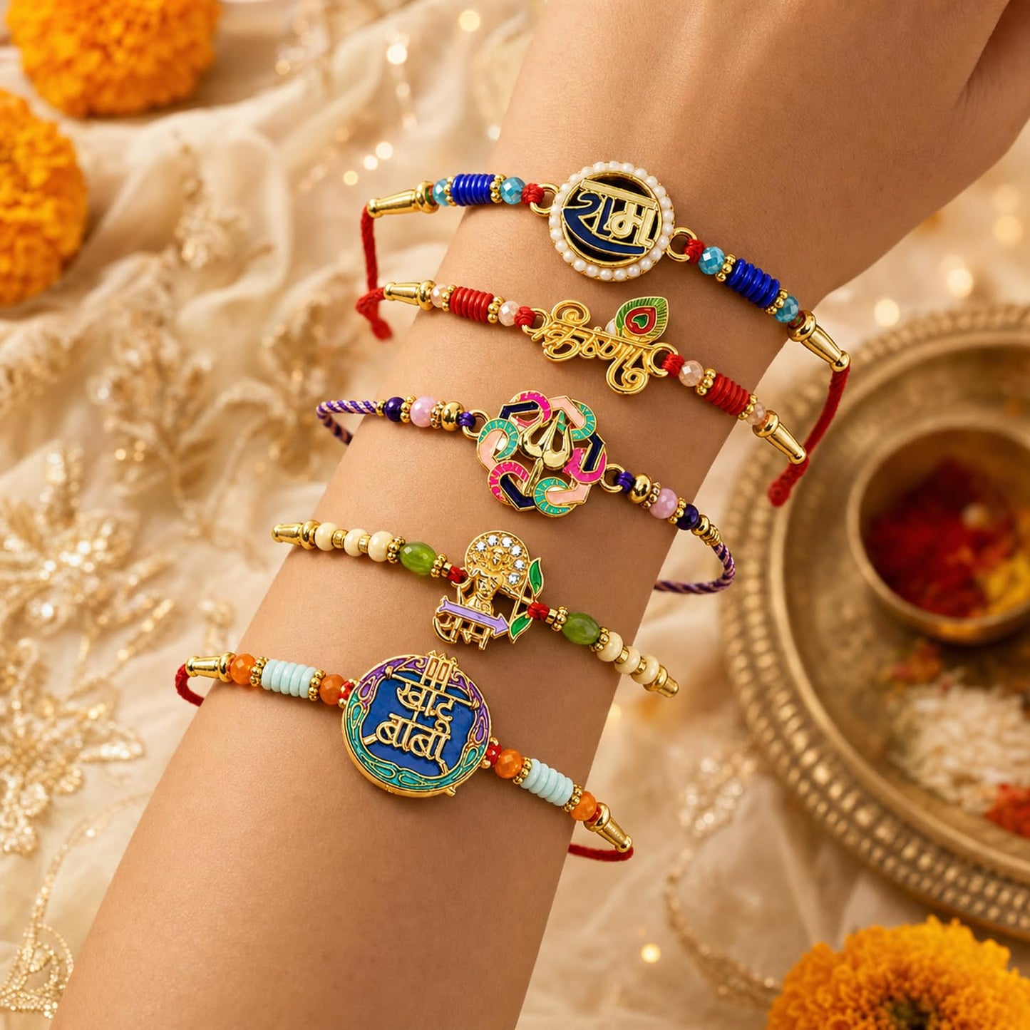 Elegant Handcrafted Rakhi for Brother with Roli Tikka & Greeting Card, Pack of 8