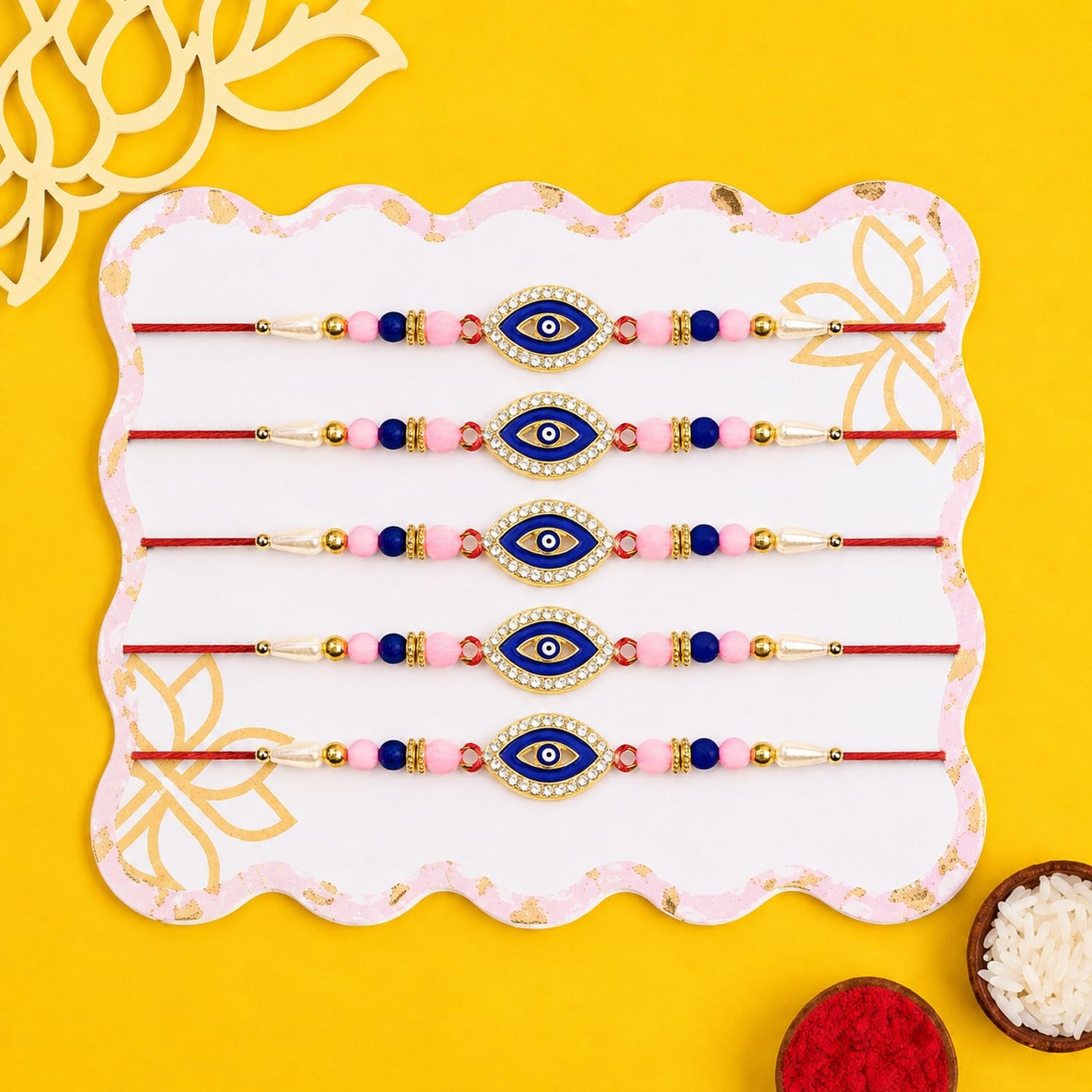 Designer Elegant Handcrafted Rakhi for Brother with Roli Tikka & Card, Pack of 5