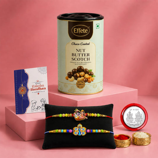 Radhe Krishna Rakhi combo gift pack with Rakhi, chocolate, roli chawal, and pooja coin.