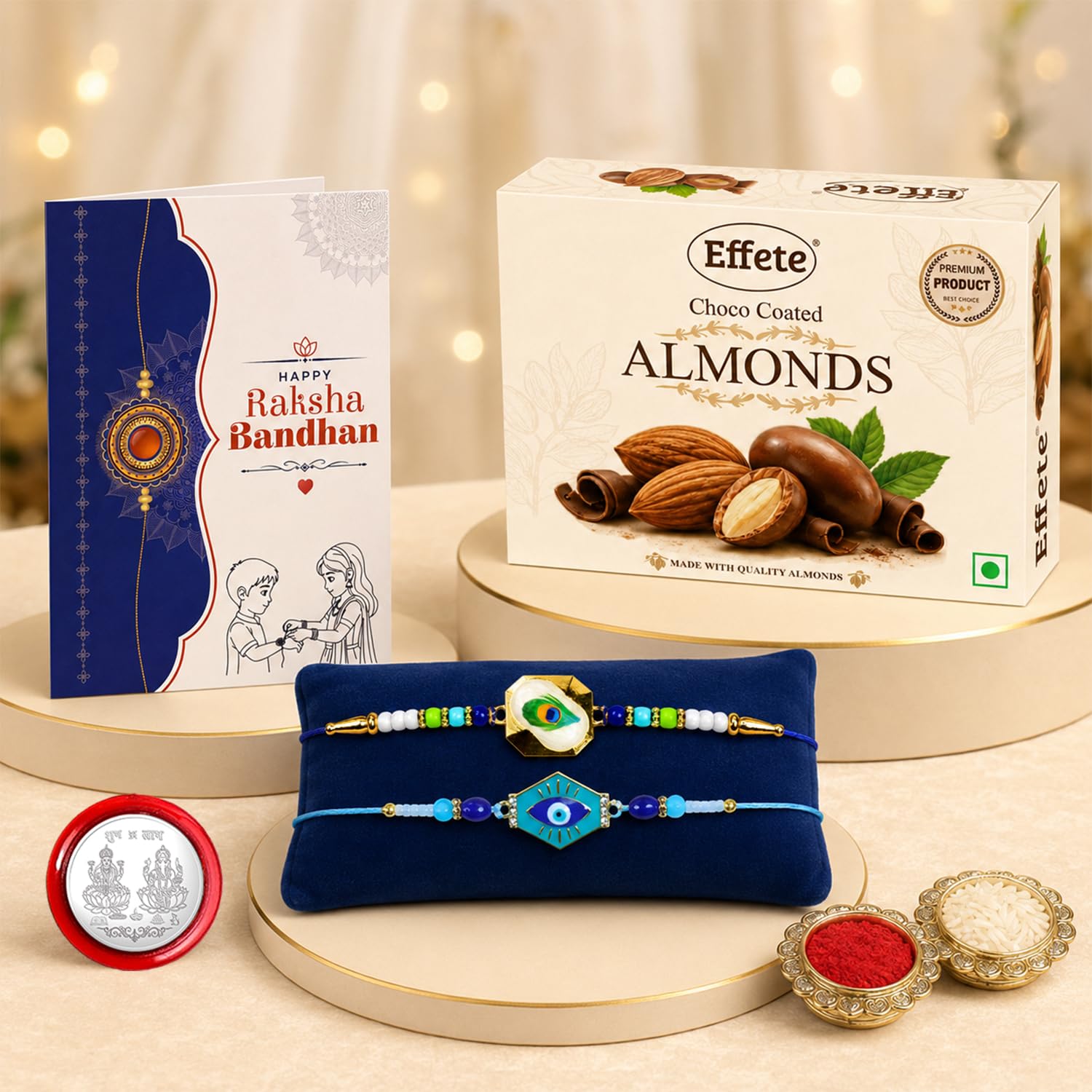 Peacock, Evil Eye Rakhi Combo - Raksha Bandhan Gift with Choco Almonds 32gm, Pack of 6