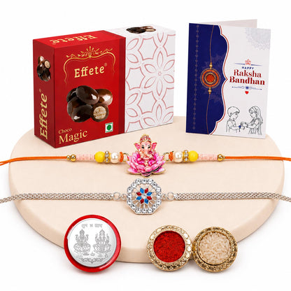 Rakhi with Chocolate for Brother (Set of 6) – Raksha Bandhan Festival Celebration Combo with Silver Color & Ganesha Design Rakhi, Chocolate, Roli Chawal, Silver Color Coin & Greeting Card