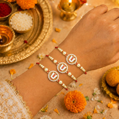 Designer Elegant Handcrafted Rakhi for Brother with Roli Tikka & Card, Pack of 3