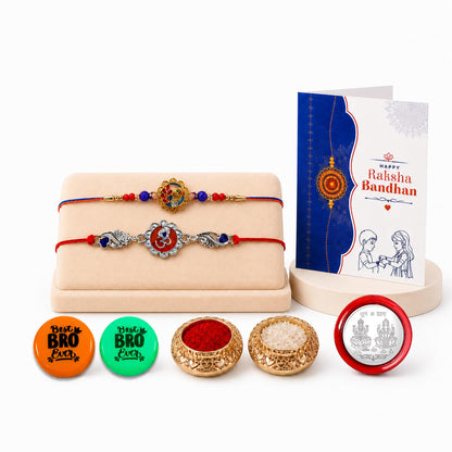 Multicolor Rakhi Combo Peacock, Om with Multicolour Decorative Magnets 2pcs, Roli