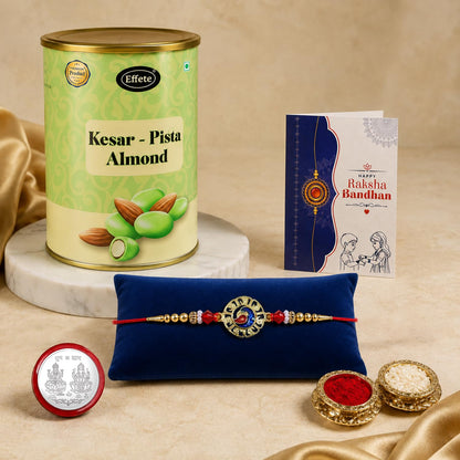 Multicolor Peacock Rakhi & Kesar-Pista Almond 96gm with Roli Chawal, Silver Color Pooja Coin & Greeting Card, Rakhi with chocolate, Rakshbandhan Combo, Pack of 5 For Raksha Bandhan