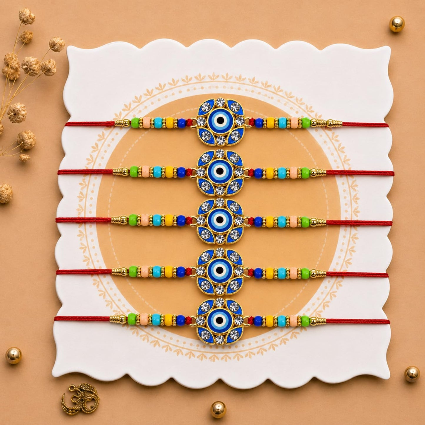 Designer Elegant Rakhi for Brother with Roli Tikka & Card, Pack of 5 | Stylish