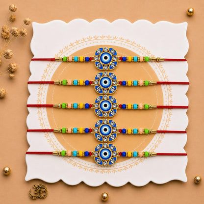 Designer Elegant Rakhi for Brother with Roli Tikka & Card, Pack of 5 | Stylish