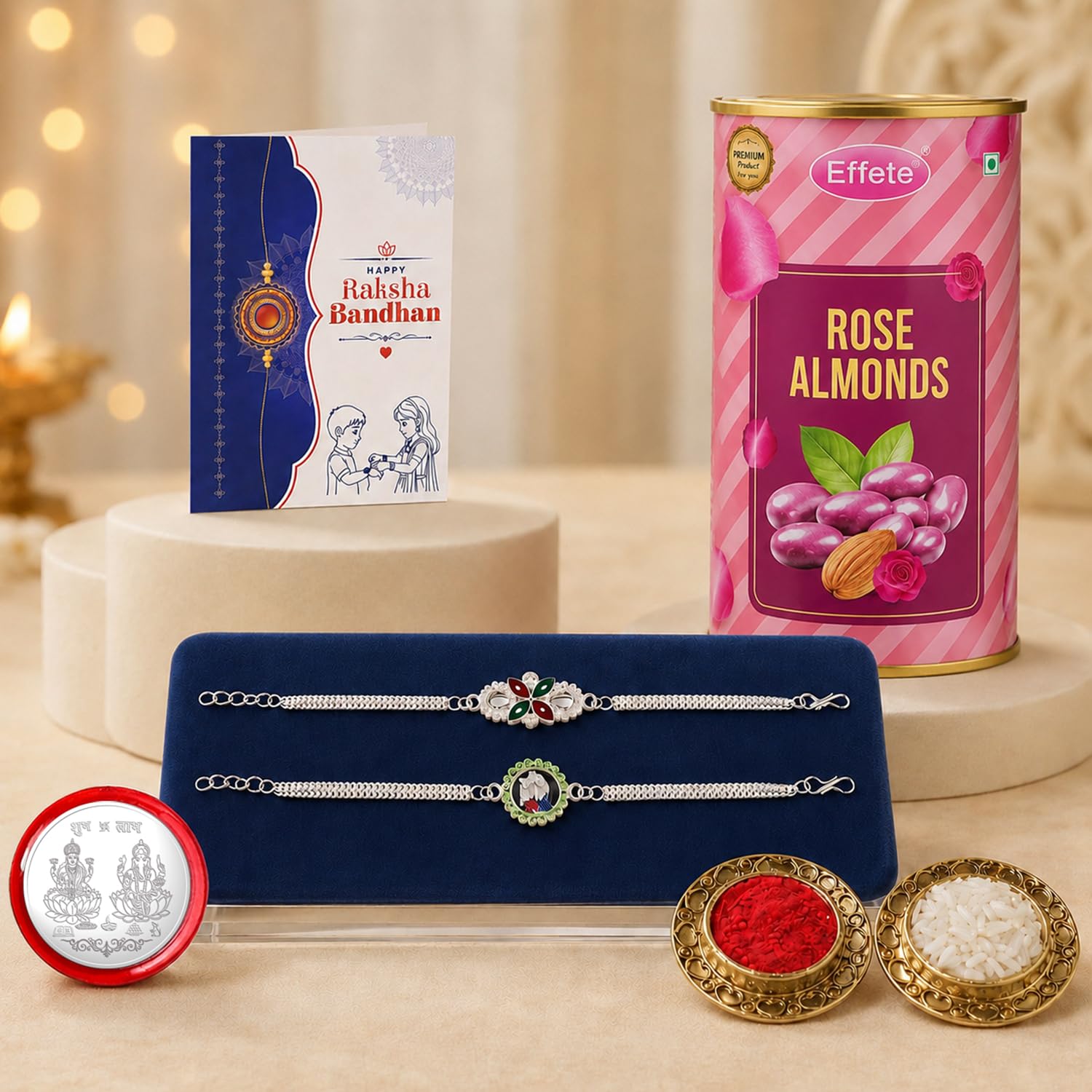 Silver Color Rakhi for Brother with Rose Almond 96gm, Coin & Card, Pack of 6