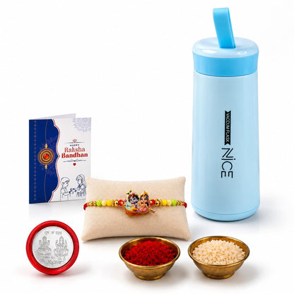 Radhe Krishna Rakhi Combo - Raksha Bandhan Gift with Kids Water Bottle 400ml, Pack of 5