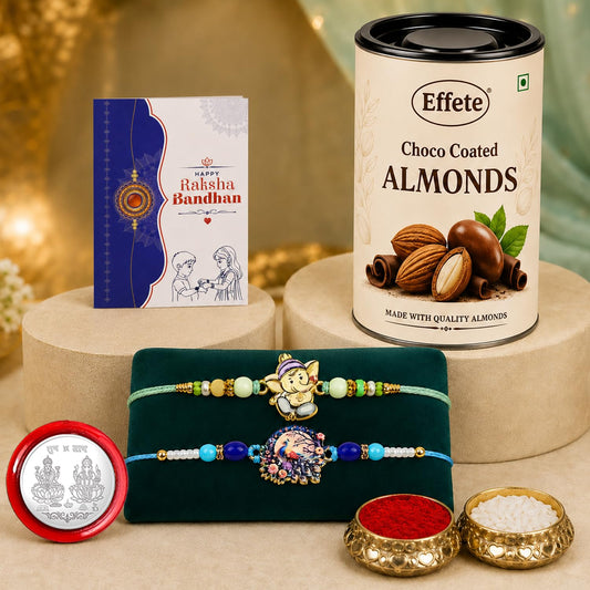 Ganesha, Peacock Rakhi Combo - Raksha Bandhan Gift with Choco Almonds 96gm, Pack of 6