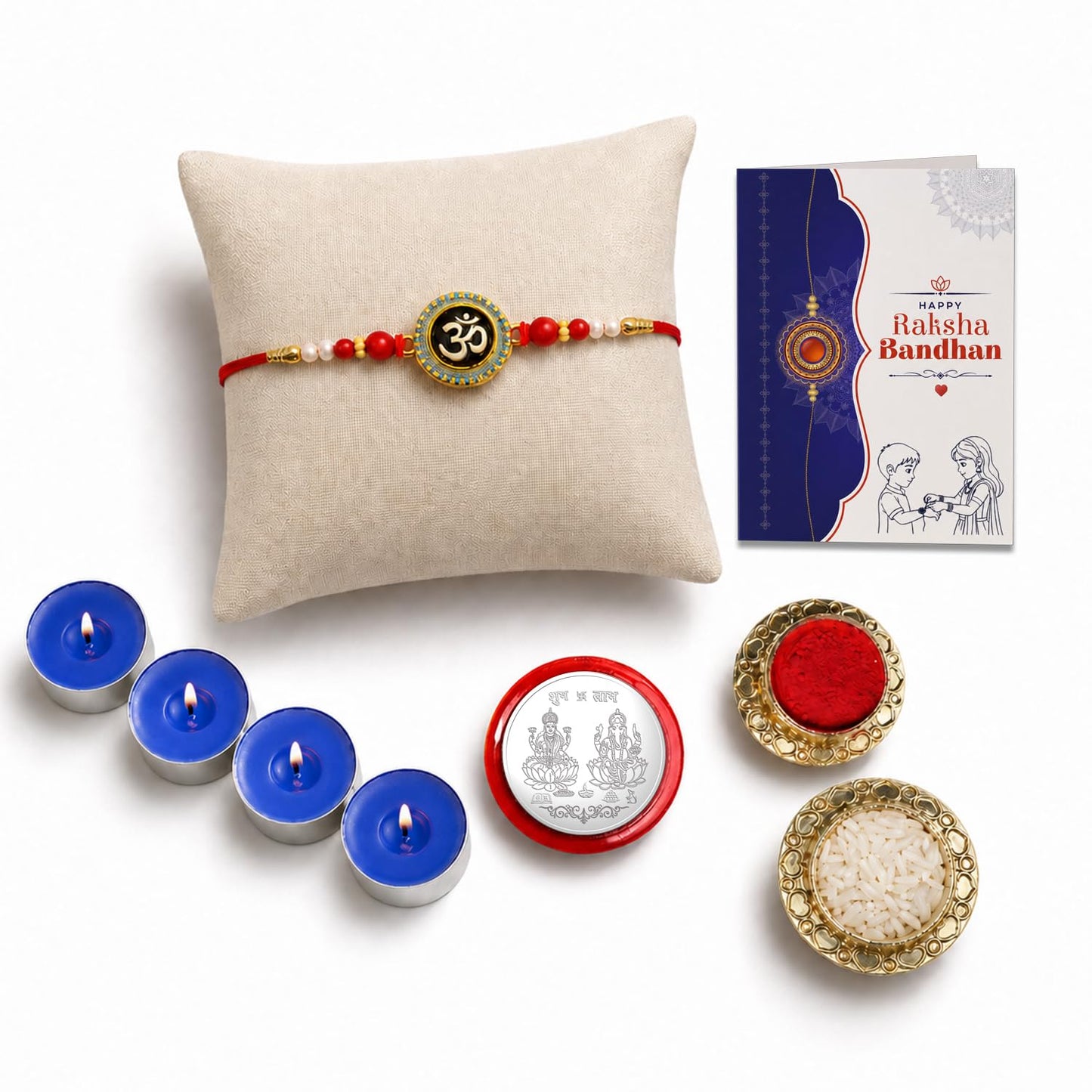 Om Rakhi Combo - Raksha Bandhan Gift with Tealight Candles 4pcs, Pack of 5 | Rakhi Gift