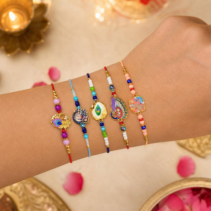 Elegant Artistic Rakhi for Brother with Roli Tikka, Pooja Coin & Card, Pack of 8