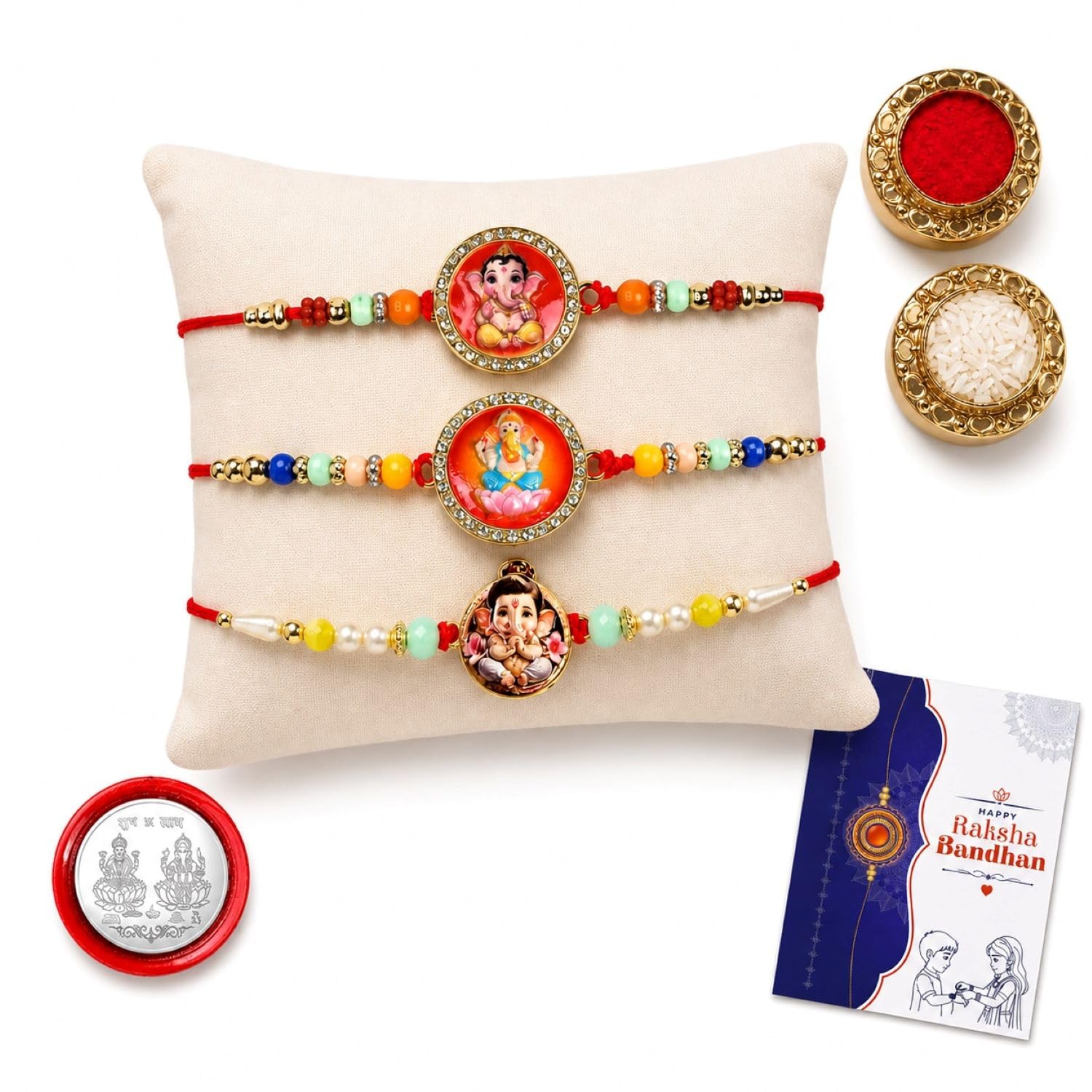 Krishna Beads Rakhi for Brother with Tilak Set, Pooja Coin & Card, Rakhi Set (V2)