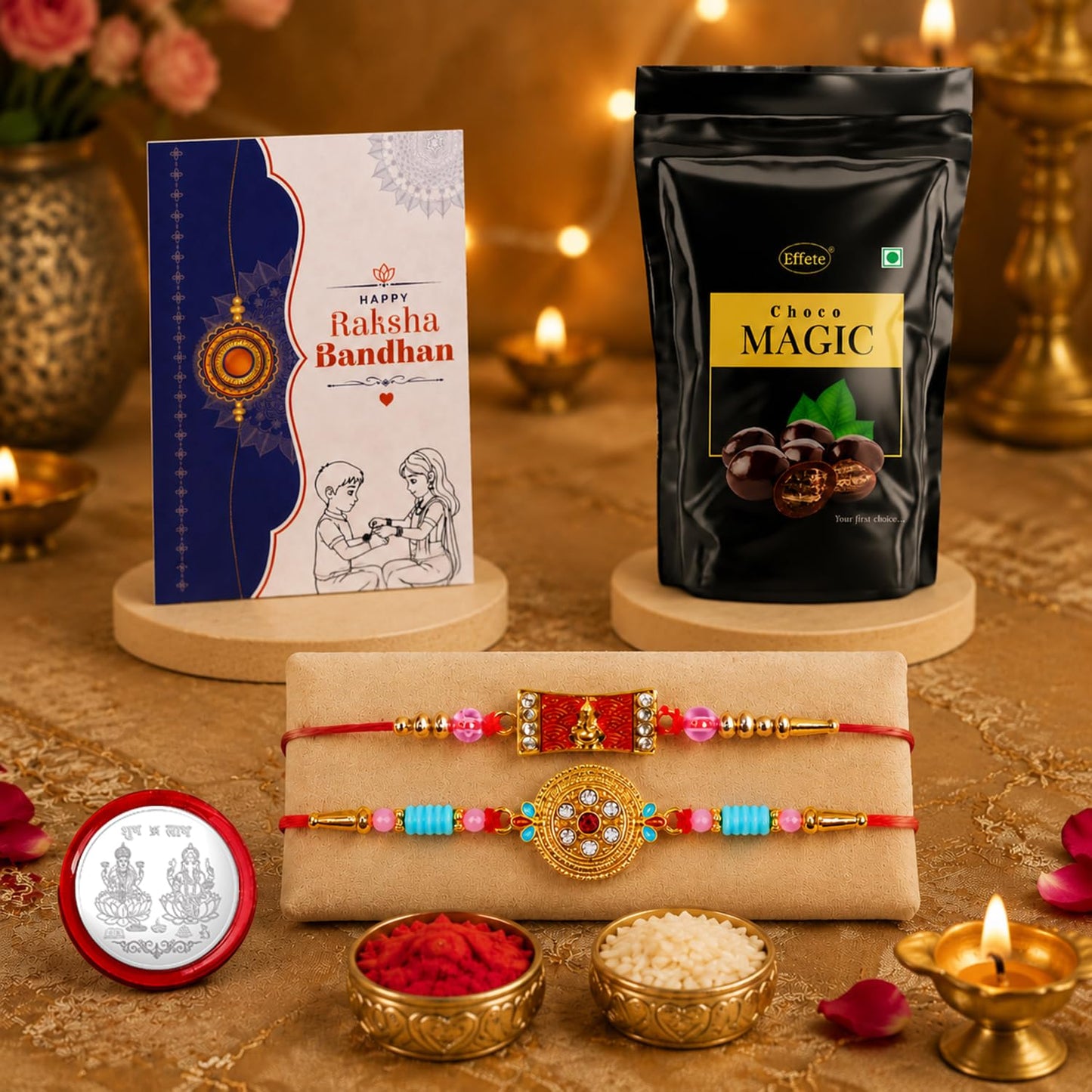 Ganesha Charm Rakhi for Brother with Choco Magic Pouch, Coin & Card, Pack of 6
