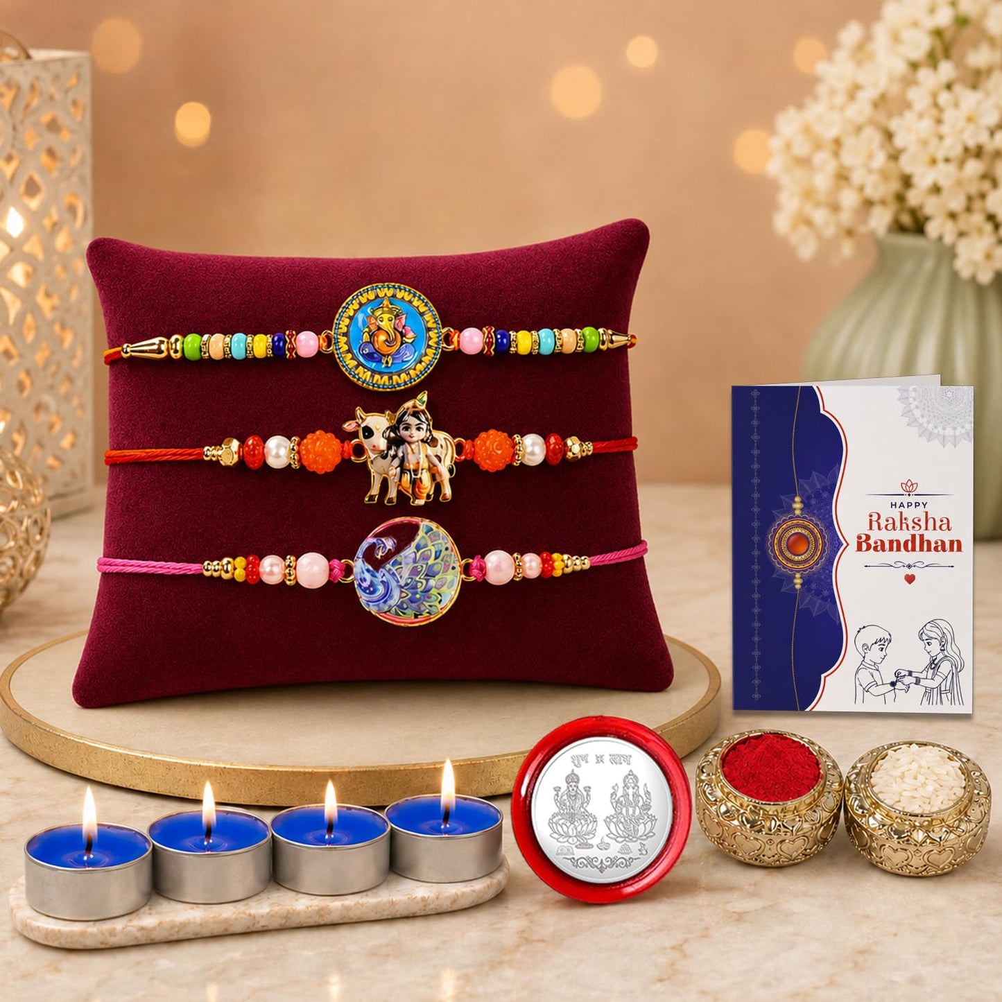 Ganesh Rakhi Combo - Raksha Bandhan Gift with Tealight Candles 4pcs, Pack of 7 for Bhaiya
