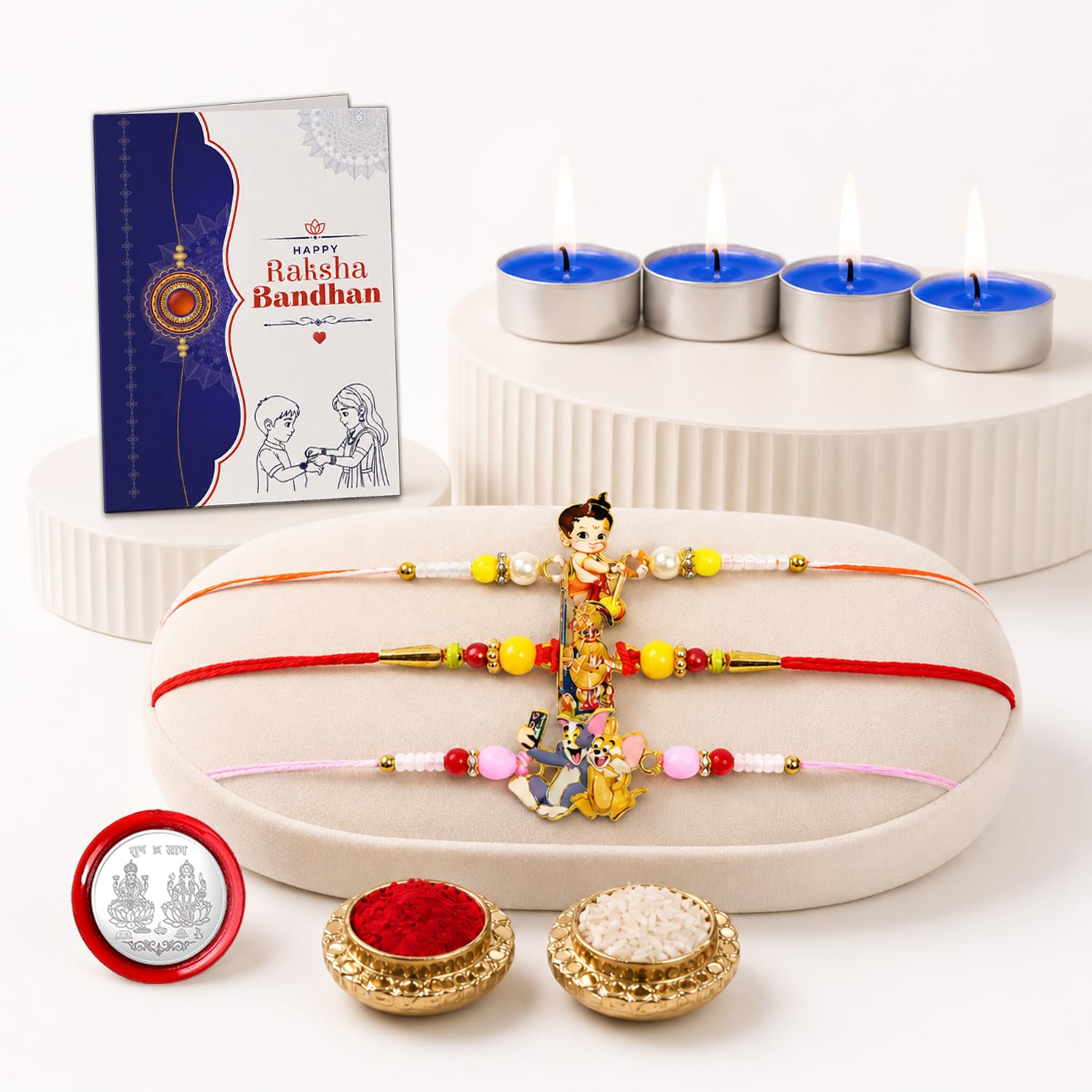 Ganesha Rakhi Combo - Raksha Bandhan Gift with Tealight Candles 4pcs, Pack of 7 for Bhaiya