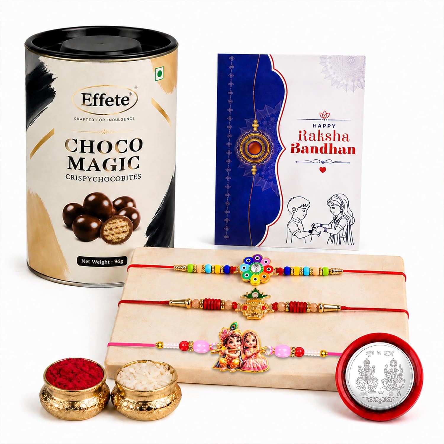 Flower motif Rakhi for Brother with Chocolate Magic 96gm, Coin & Card, Pack of 7