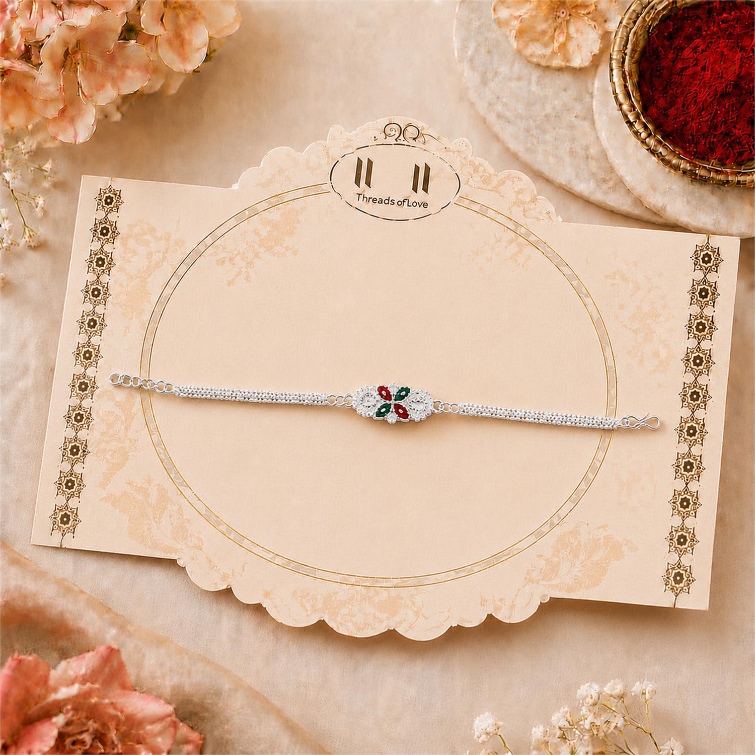 Silver Color Rakhi for Brother with Choco Almonds 32gm, Coin & Card, Pack of 5