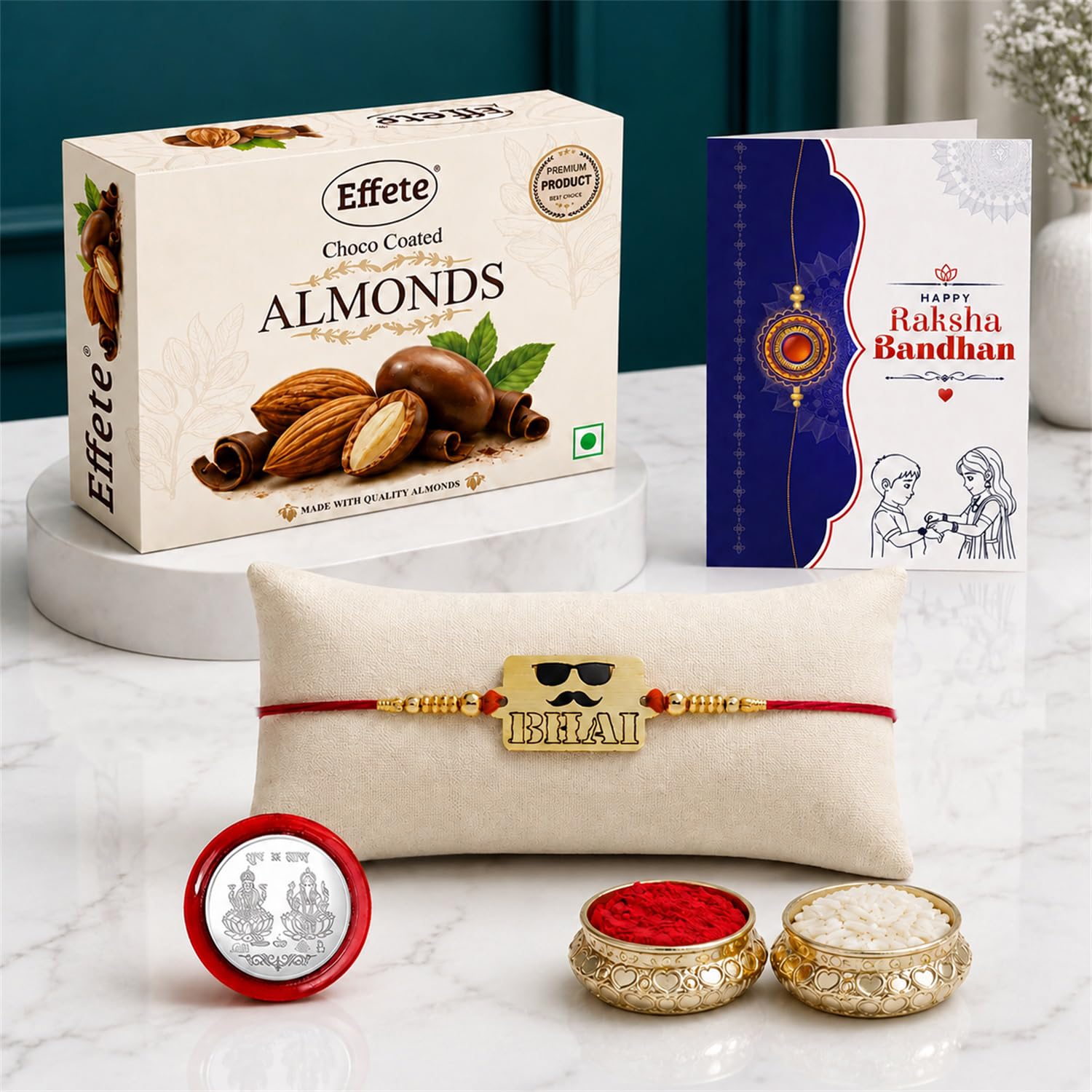 Designer Rakhi for Brother with Choco Almonds 32gm, Roli Tikka & Card, Pack of 5