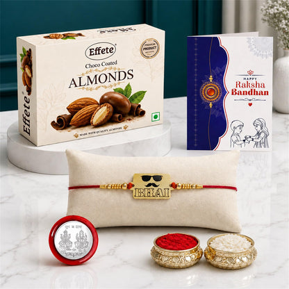 Designer Rakhi for Brother with Choco Almonds 32gm, Roli Tikka & Card, Pack of 5