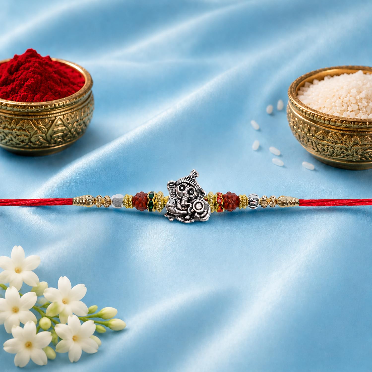 Ganesha Rakhi for Brother with Roli Tikka, Pooja Coin & Greeting Card, Pack of 8