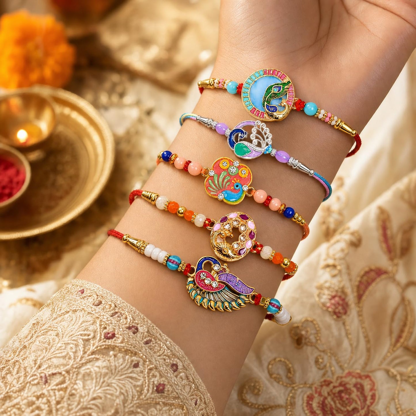 Elegant Auspicious Rakhi for Brother with Roli Tikka & Greeting Card, Pack of 8